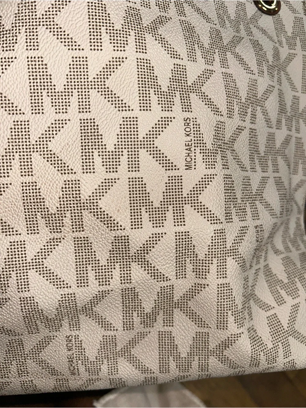 Michael Kors Hamilton Cream MK Monogram Satchel with Tan Leather Accents